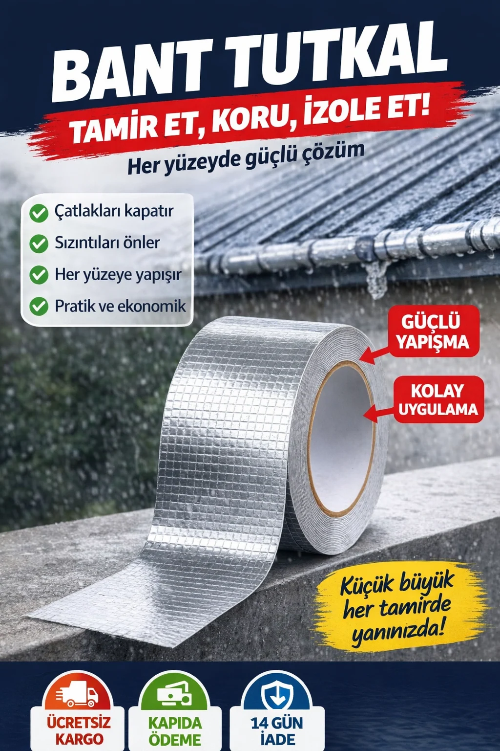 Bant Tutkal — çatlak ve sızıntılara güçlü tamir bandı — Su geçirmez alüminyum tamir bandı ile çatlak ve sızıntı onarımı