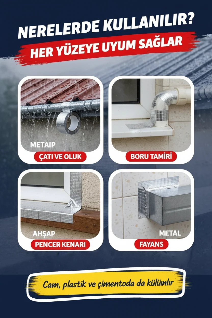 Çatıdan boruya her yüzeyde kullanım alanları — Çatı, boru, metal, pencere, fayans ve ahşapta kullanım örnekleri