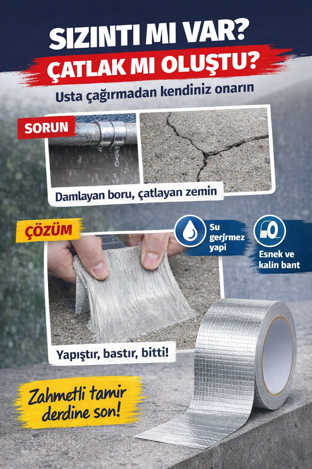 Sızıntı ve çatlak sorununa dakikalar içinde çözüm — Çatlayan beton ve damlayan boru bant tutkal ile kapatılıyor